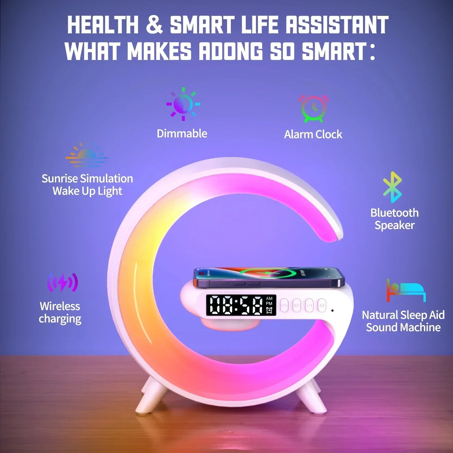 Multipurpose G-Lamp Wireless Charging Clock Speaker